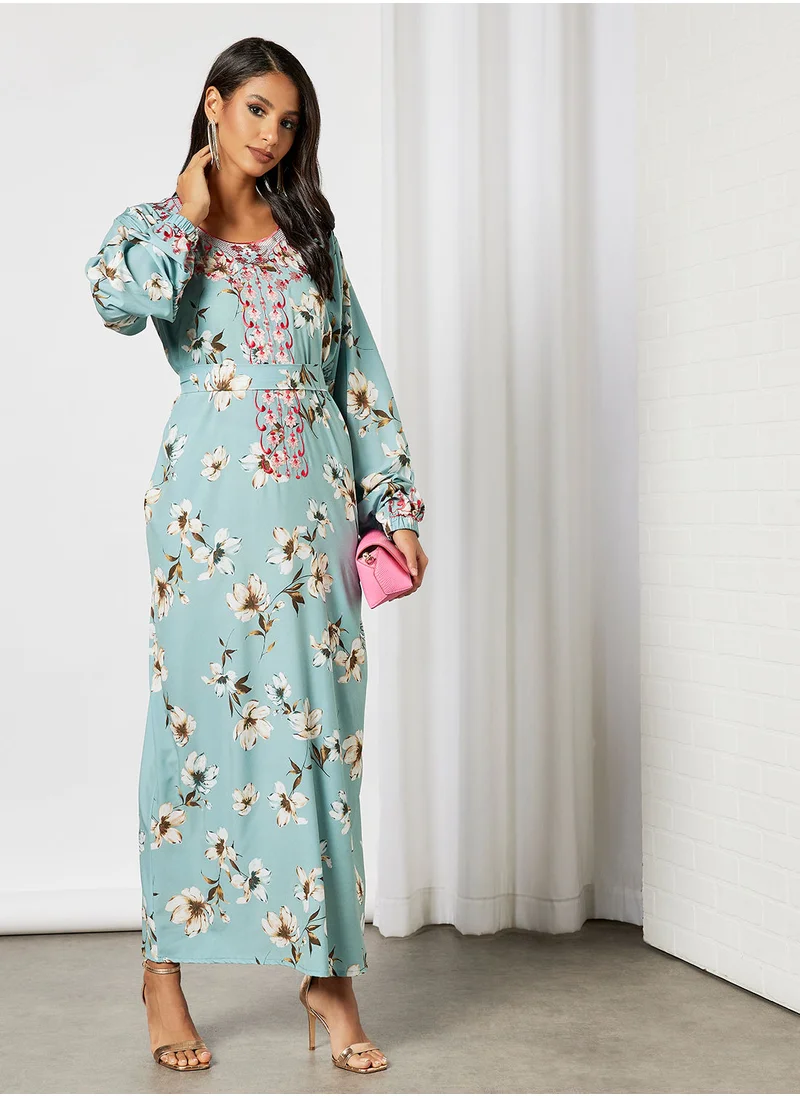Hayat Floral Jalabiya With Abstract Embroidery In Front And Garterised Wrist With Belt