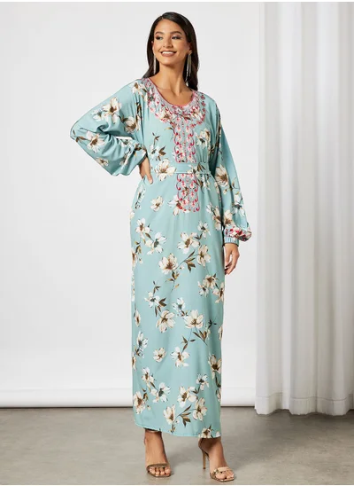Hayat Floral Jalabiya With Abstract Embroidery In Front And Garterised Wrist With Belt