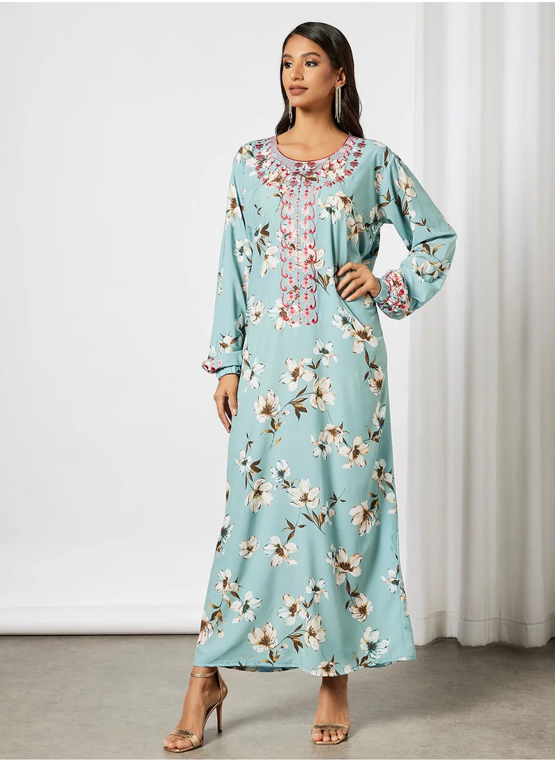 Hayat Floral Jalabiya With Abstract Embroidery In Front And Garterised Wrist With Belt