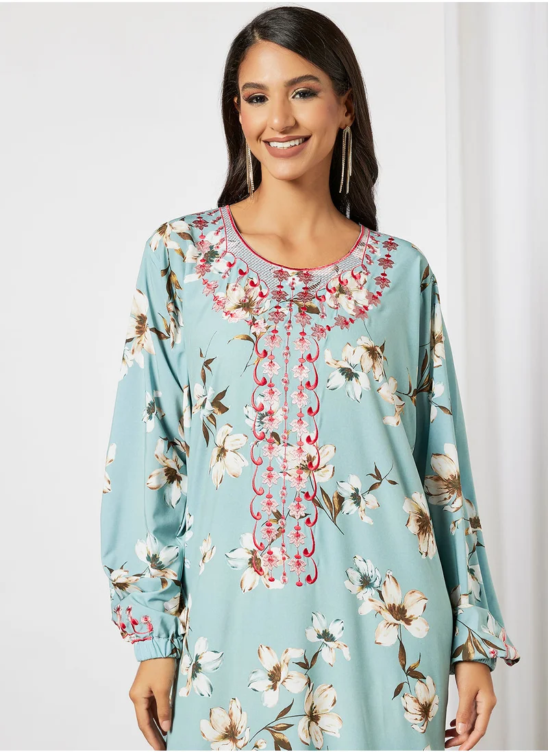 Hayat Floral Jalabiya With Abstract Embroidery In Front And Garterised Wrist With Belt