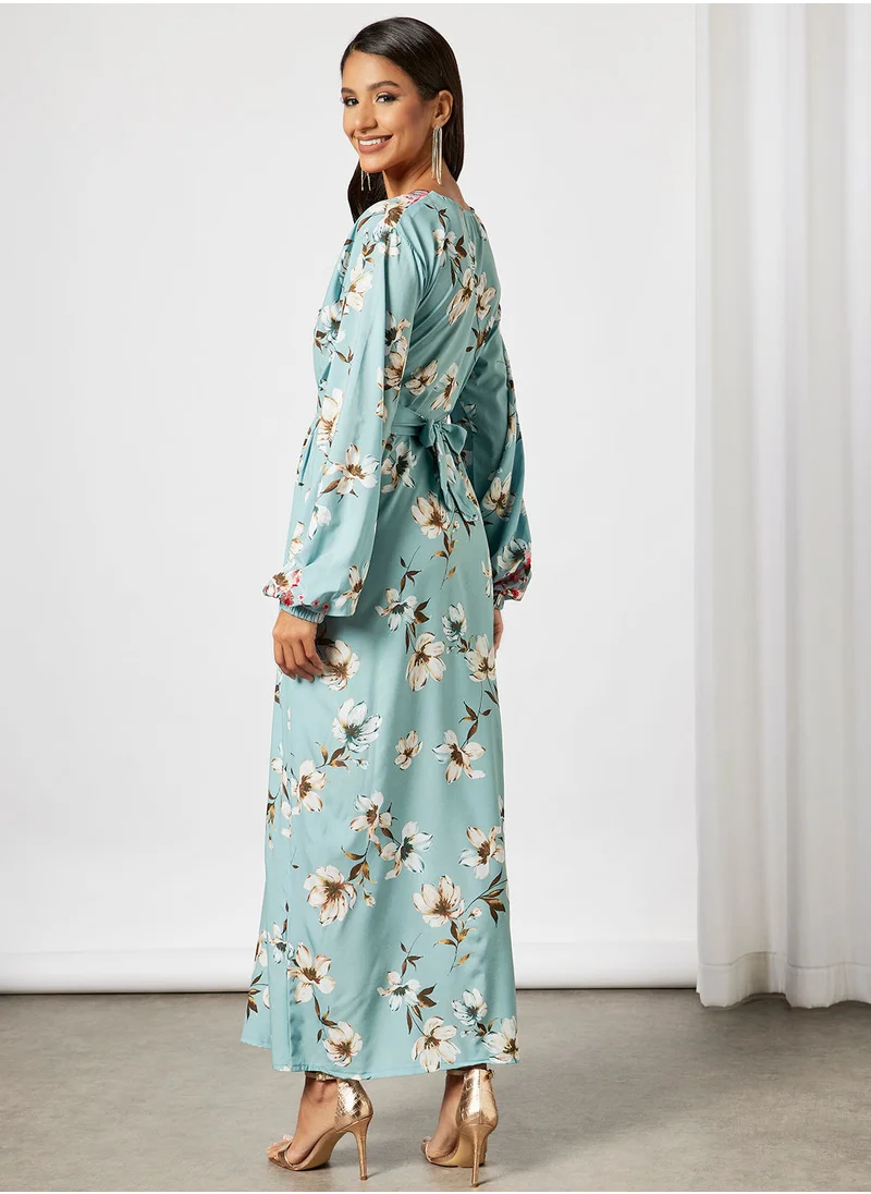 Hayat Floral Jalabiya With Abstract Embroidery In Front And Garterised Wrist With Belt