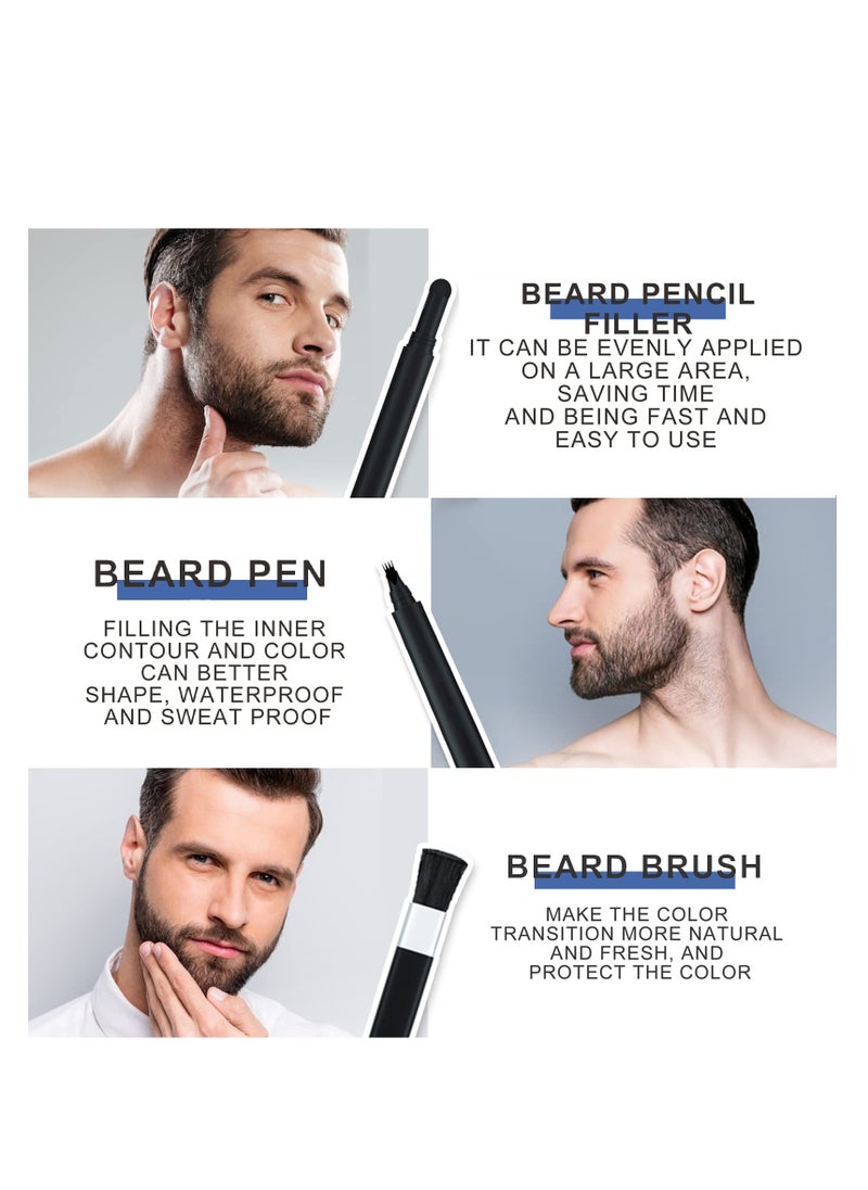 Beard Pencil Filler For Men, with 4 Tip Beard Filling Pen, Beard Powder, Brush and Barber Pencil for Man Creates Natural Looking Beard and Eyebrows