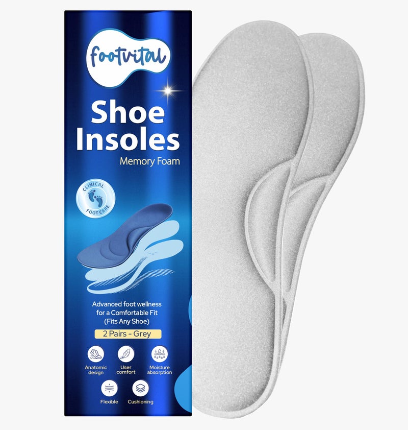 Footvital Memory Foam Shoe Insoles for Men and Women | Soft Cushioned Inserts for Long Standing and Walking | Supports Heel and Arch | Shock Absorbing | Moisture Absorbing | Lightweight Washable Insoles for All Shoes | 2 Pairs | Grey | Size 7 - Image 1