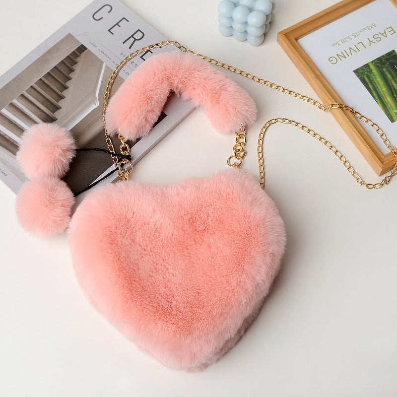 Plush Heart Crossbody Bag with Chain Strap - Image 3