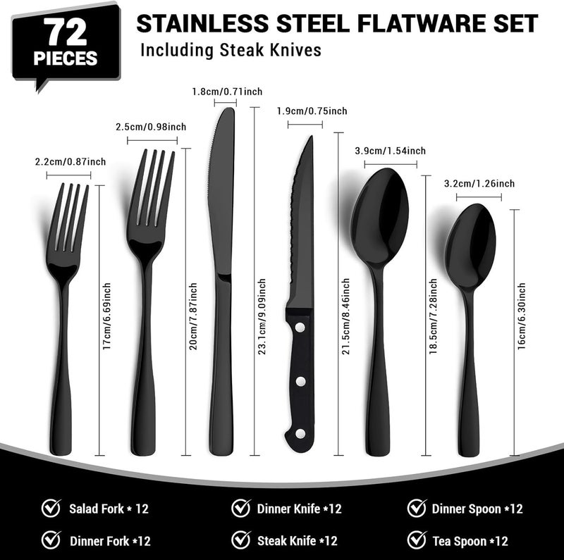 BEWOS 72-Pieces Black Silverware Set for 12 - Stainless Steel Flatware Set with Mirror Polish, Black Silverware Set Including Steak Knives, Forks and Spoons, Dishwasher Safe for Restaurant - Image 2