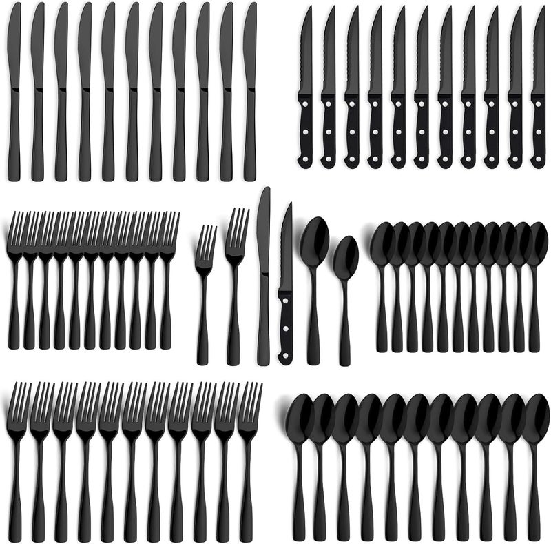 BEWOS 72-Pieces Black Silverware Set for 12 - Stainless Steel Flatware Set with Mirror Polish, Black Silverware Set Including Steak Knives, Forks and Spoons, Dishwasher Safe for Restaurant - Image 1