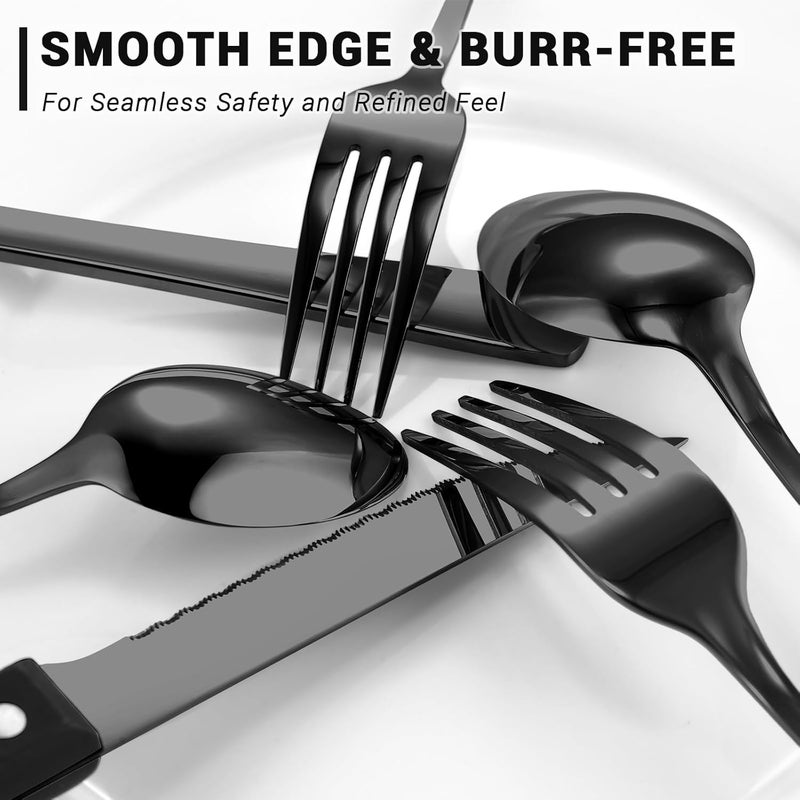 BEWOS 72-Pieces Black Silverware Set for 12 - Stainless Steel Flatware Set with Mirror Polish, Black Silverware Set Including Steak Knives, Forks and Spoons, Dishwasher Safe for Restaurant - Image 4