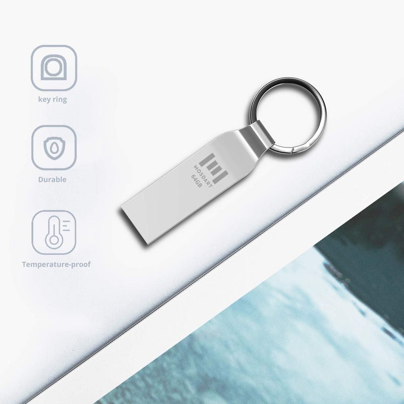 موس دارت محرك أقراص فلاش مقاوم للماء 64GB USB2.0، exFAT، عصا ذاكرة معدنية مع سلسلة مفاتيح، للنسخ الاحتياطي للنظام، تخزين البيانات، فضي - Image 5