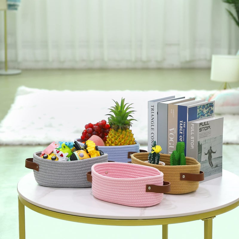 ABenkle Small Woven Basket, Mini Cotton Rope Storage Basket, Tiny Easter Basket, Shelf Basket, Oval Decorative Toy Dog Cat Basket for Nursery, Empty Gift Basket, 9.4" x 5.9" x 3.9" XS - Image 4