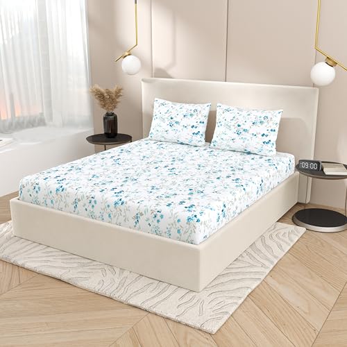 Plumora King Size Fitted Bedsheet with Elastic, 100% Pure Cotton King Size Fitted Bedsheet for Double Bed with 2 Pillow Covers, 240 TC, 72×78 Inches up to 8-inch Mattress, Floral Design (Ocean Bloom) - Image 2