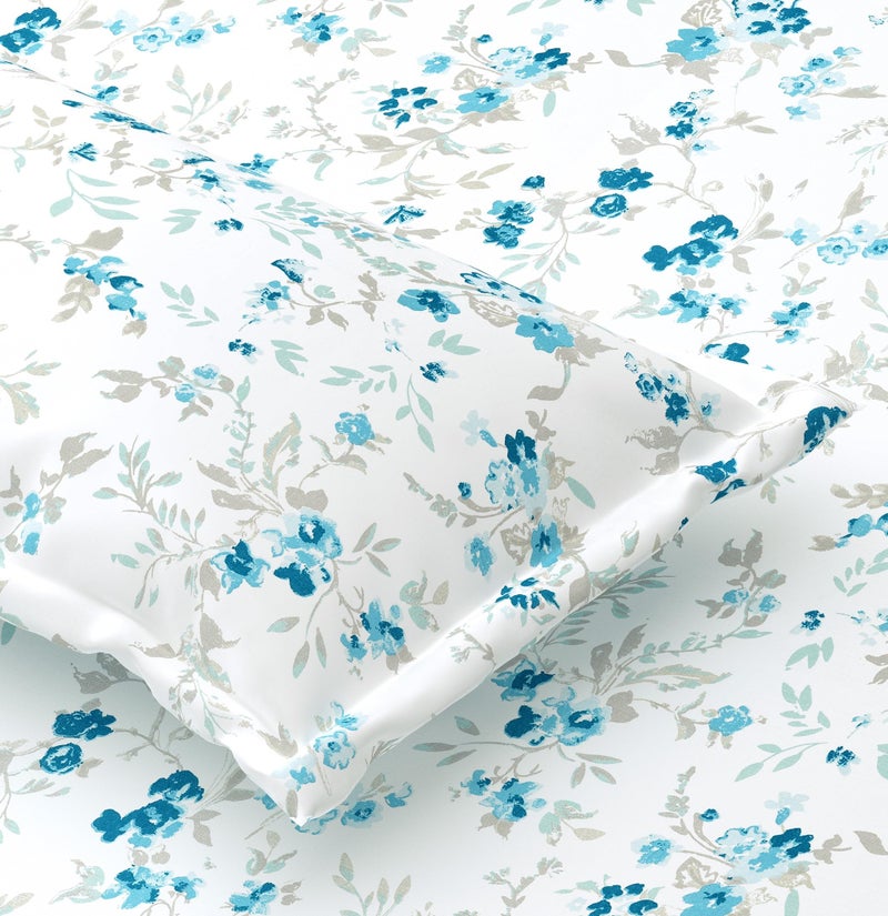 Plumora King Size Fitted Bedsheet with Elastic, 100% Pure Cotton King Size Fitted Bedsheet for Double Bed with 2 Pillow Covers, 240 TC, 72×78 Inches up to 8-inch Mattress, Floral Design (Ocean Bloom) - Image 1