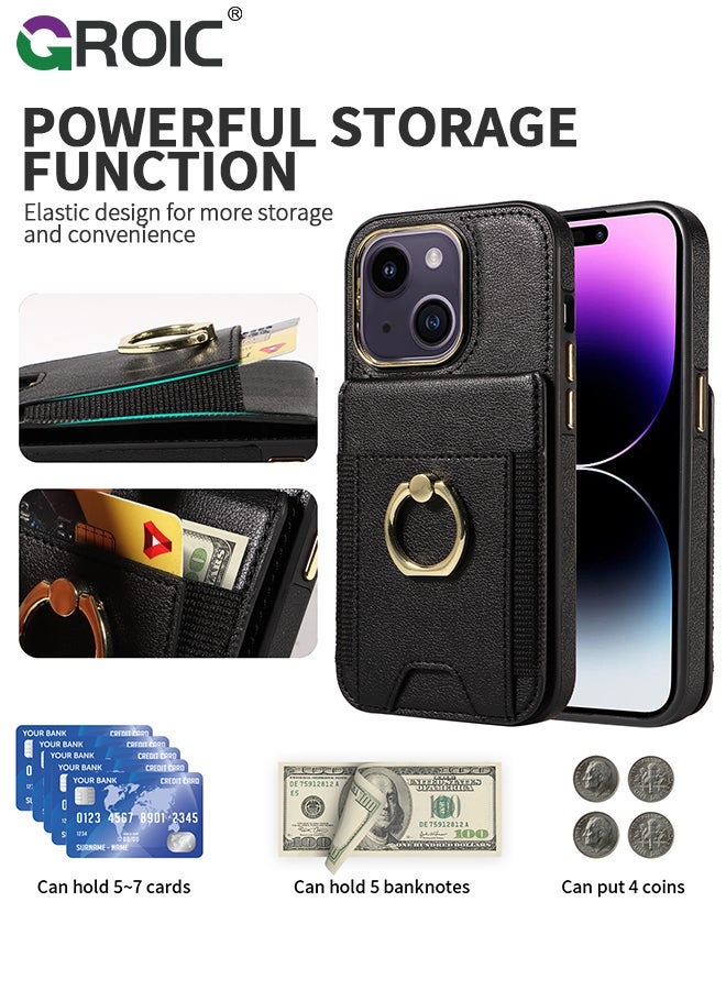 GROIC Black Wallet Case Compatible for iPhone 15 Plus with Card Holder, RFID Blocking Leather Cover, 360°Rotation Finger Ring Kickstand Case, Shockproof Drop Protection Magnetic Snap - Image 2
