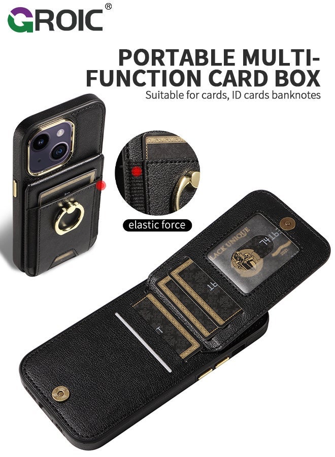 GROIC Black Wallet Case Compatible for iPhone 15 Plus with Card Holder, RFID Blocking Leather Cover, 360°Rotation Finger Ring Kickstand Case, Shockproof Drop Protection Magnetic Snap - Image 5