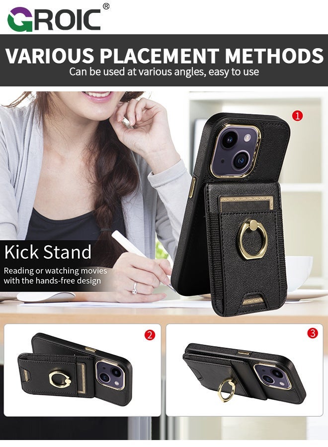 GROIC Black Wallet Case Compatible for iPhone 15 Plus with Card Holder, RFID Blocking Leather Cover, 360°Rotation Finger Ring Kickstand Case, Shockproof Drop Protection Magnetic Snap - Image 3