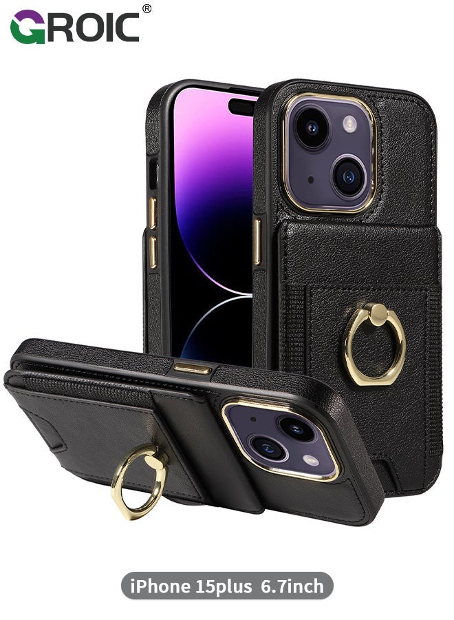GROIC Black Wallet Case Compatible for iPhone 15 Plus with Card Holder, RFID Blocking Leather Cover, 360°Rotation Finger Ring Kickstand Case, Shockproof Drop Protection Magnetic Snap - Image 1