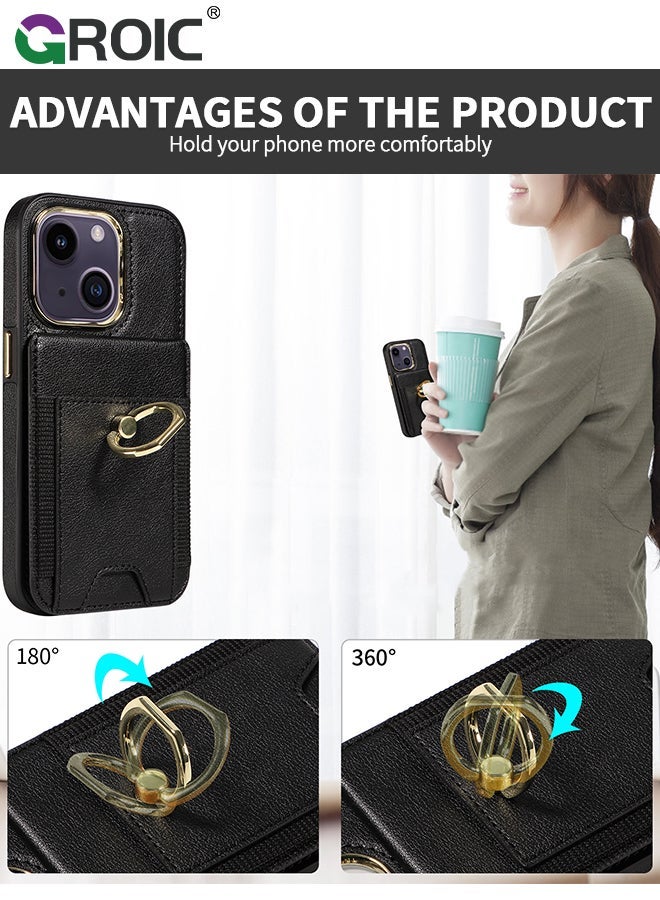 GROIC Black Wallet Case Compatible for iPhone 15 Plus with Card Holder, RFID Blocking Leather Cover, 360°Rotation Finger Ring Kickstand Case, Shockproof Drop Protection Magnetic Snap - Image 4