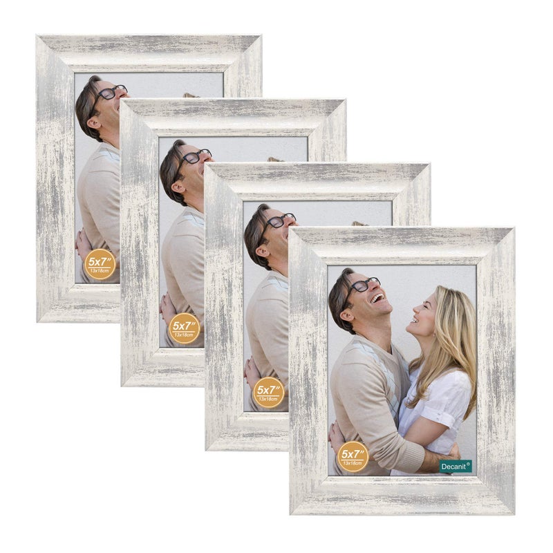 DECANIT 5x7 Picture Frames Rustic Distressed White Wood Pattern High Definition Glass for Table Top Display and Wall Mounting Photo FramePack of 4
