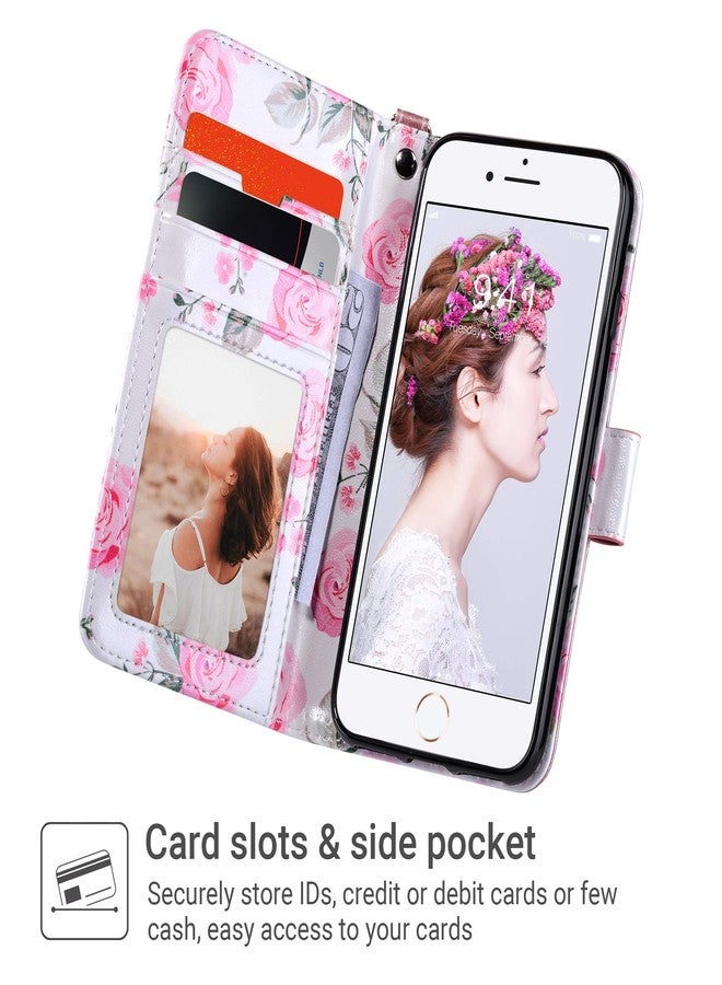 ULAK for iPhone SE 3(2022)/SE(2020)/8/7 Wallet Case with Card Holder, Premium Floral PU Leather Flip Case with Kickstand Card Slots,Wrist Strap, Durable Shockproof Cover 4.7 Inch(Rose Gold) - Image 2