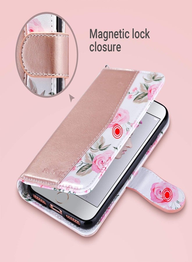 ULAK for iPhone SE 3(2022)/SE(2020)/8/7 Wallet Case with Card Holder, Premium Floral PU Leather Flip Case with Kickstand Card Slots,Wrist Strap, Durable Shockproof Cover 4.7 Inch(Rose Gold) - Image 5