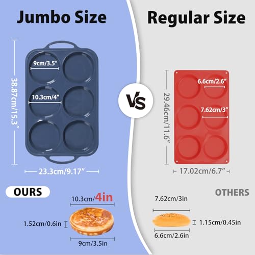 Vnray 4 Inch Jumbo Silicone Muffin Top Pan with Metal Frame, Non Stick Silicone Egg Mold for Oven, Large Whoopie Pie Baking Pan with Handle for English Breakfast Sandwich, Egg Bite, Bun Tart, Grey - Image 2