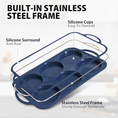 Vnray 4 Inch Jumbo Silicone Muffin Top Pan with Metal Frame, Non Stick Silicone Egg Mold for Oven, Large Whoopie Pie Baking Pan with Handle for English Breakfast Sandwich, Egg Bite, Bun Tart, Grey - Image 3