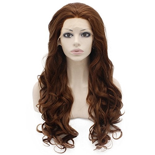 Mxangel Long Wavy Heat Resistant Fiber Synthetic Lace Front Brown Auburn Natural Wig