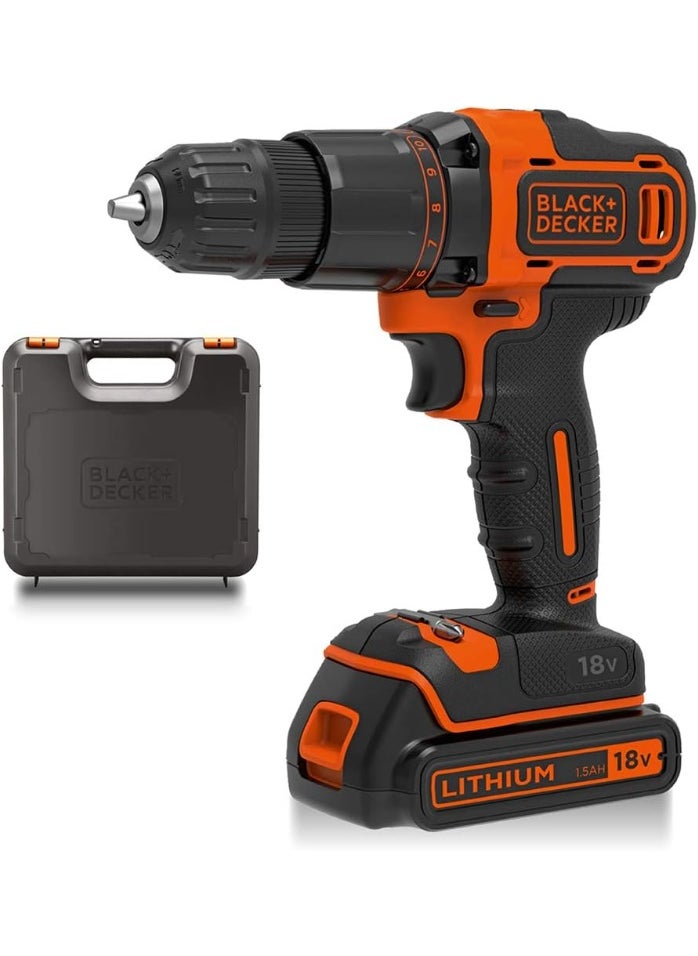 BLACK&DECKER Cordless Hammer Drill,18V, 1.5Ah Li-Ion Battery, 10 Torque Settings, 21,000 BPM, Variable Speed, Keyless Chuck, Includes Kitbox, for Wood, Metal, Masonry, Orange  - Image 1