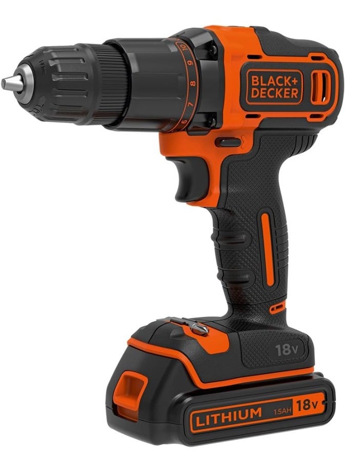 BLACK&DECKER Cordless Hammer Drill,18V, 1.5Ah Li-Ion Battery, 10 Torque Settings, 21,000 BPM, Variable Speed, Keyless Chuck, Includes Kitbox, for Wood, Metal, Masonry, Orange  - Image 2