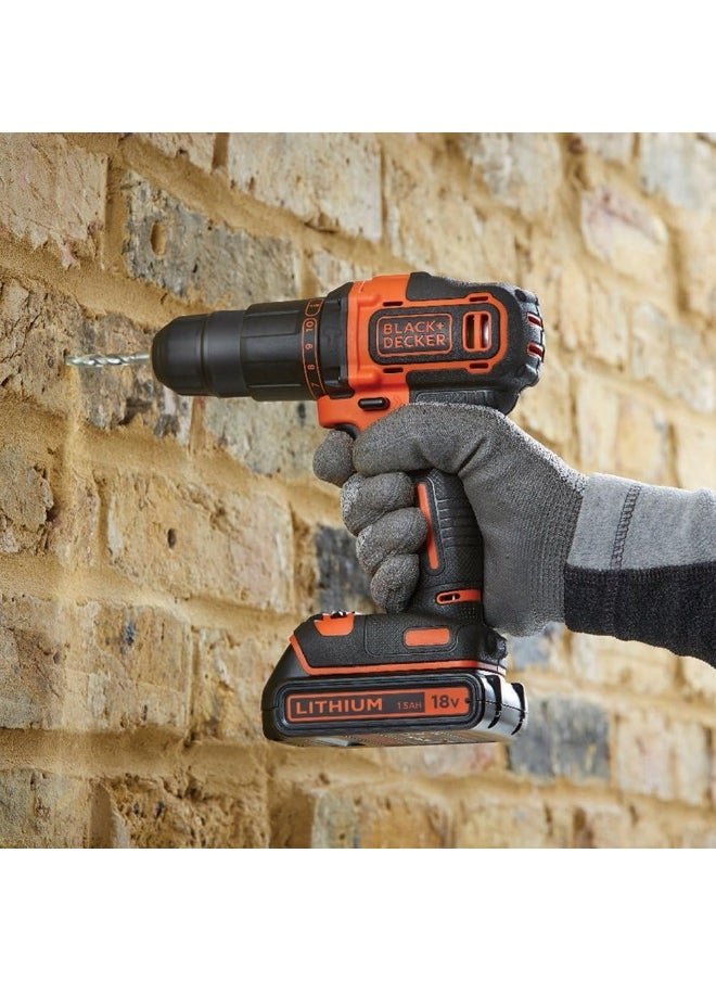 BLACK&DECKER Cordless Hammer Drill,18V, 1.5Ah Li-Ion Battery, 10 Torque Settings, 21,000 BPM, Variable Speed, Keyless Chuck, Includes Kitbox, for Wood, Metal, Masonry, Orange  - Image 3