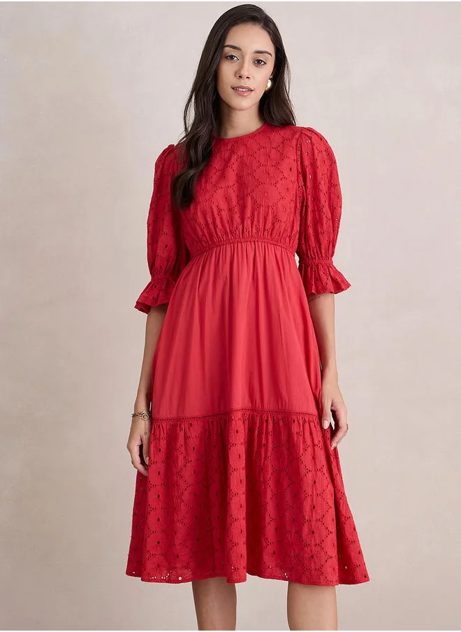 فيميلا Cotton Schiffli Tiered Midi Dress by Styli