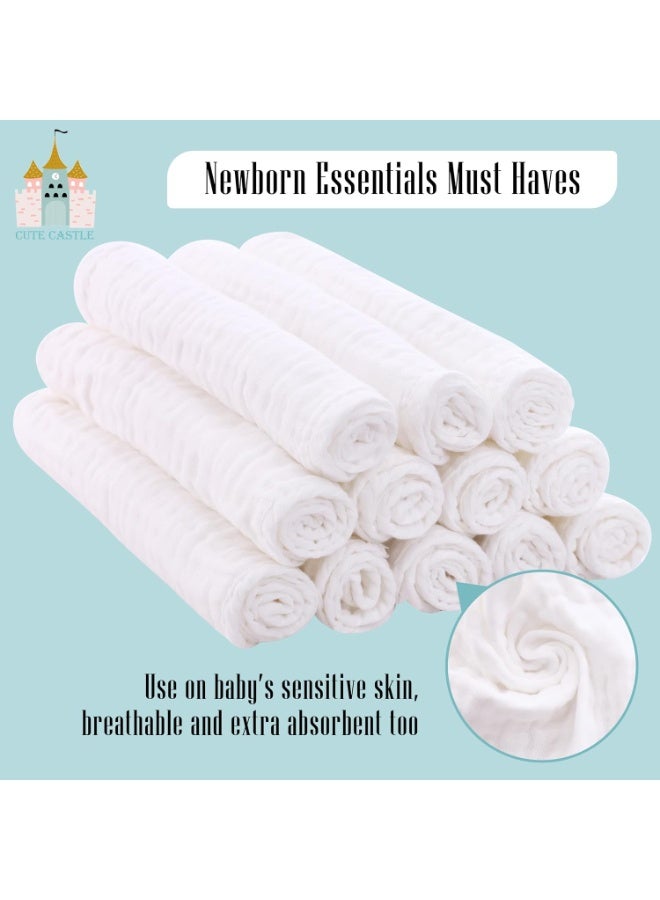 Cute Castle 12 Pack Muslin Burp Cloths for Baby - Ultra-Soft 100% Cotton Baby Washcloths - Large 20'' by 10'' Super Absorbent Milk Spit Up Rags - Burpy Cloths for Unisex, Boy, Girl - White - Image 3