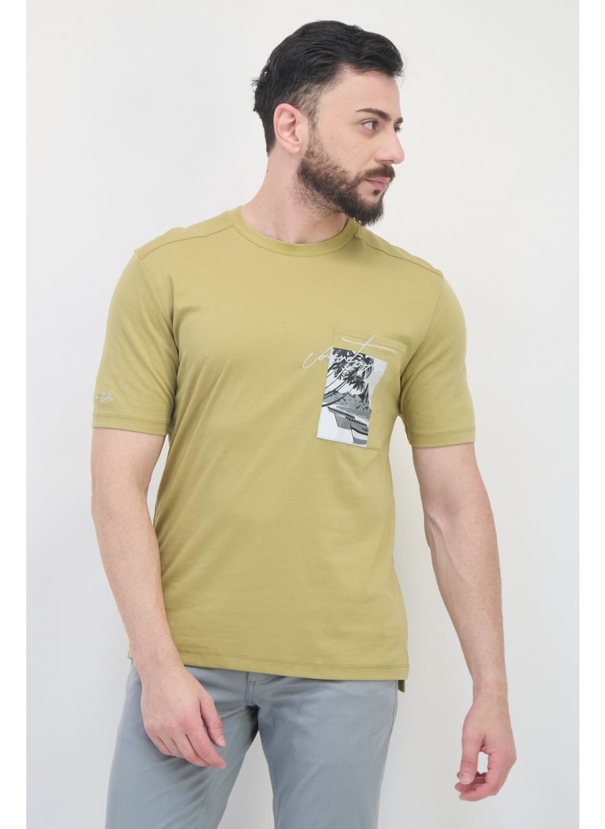 SELECTED Men Crew Neck Short Sleeves Graphic Print T-Shirt, Khaki  - Image 1