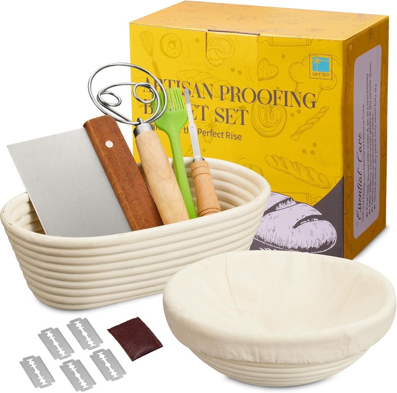Dimpola Banneton Bread Proofing Basket - Banneton Basket Set Sourdough Proofing Basket Round Proofing Bowls Handmade Rattan Baskets and Liners (Oval & Round Gift Set) - Image 1
