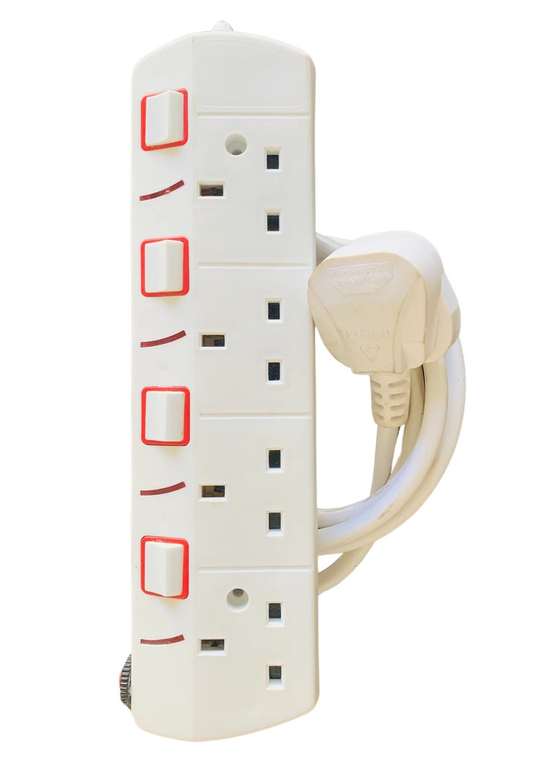 ALLKING Power Extension 4 Way UK Socket With 2 Meter Wire Cord 1.5mm2, Child Safety Shutters, Overload Protector, 13A Fused plug (White)  - Image 1