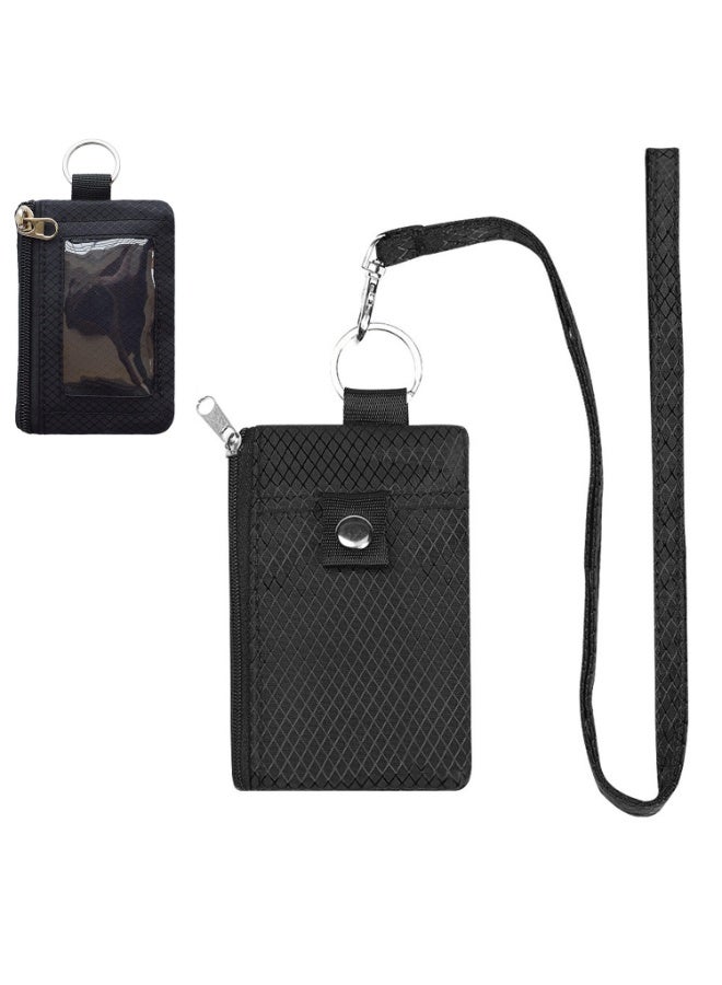 RFID Blocking Card Wallet, Waterproof Nylon ID Coin Purse with Lanyard & Key Ring, Travel Cash Card Case Bag, Dual Zipper Pockets Clear ID Window Snap Card Holder - Image 1