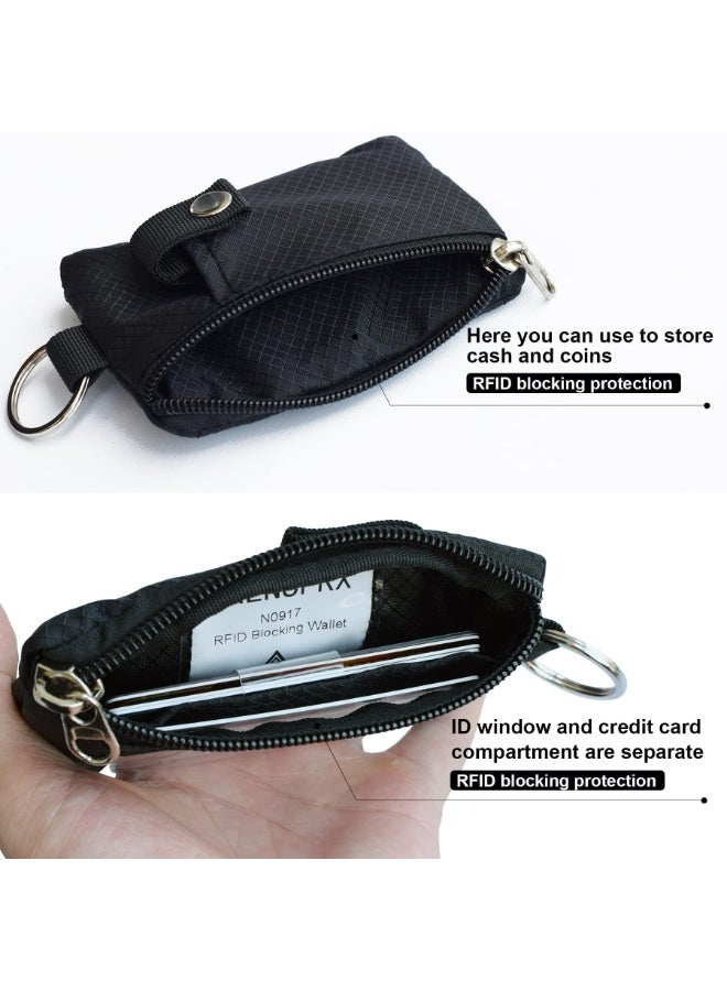 RFID Blocking Card Wallet, Waterproof Nylon ID Coin Purse with Lanyard & Key Ring, Travel Cash Card Case Bag, Dual Zipper Pockets Clear ID Window Snap Card Holder - Image 3