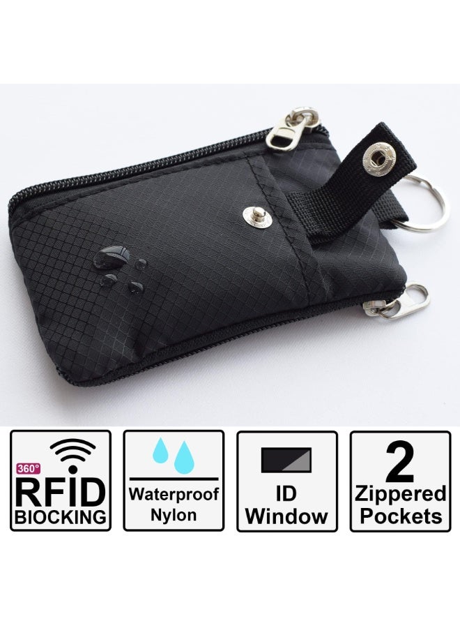 RFID Blocking Card Wallet, Waterproof Nylon ID Coin Purse with Lanyard & Key Ring, Travel Cash Card Case Bag, Dual Zipper Pockets Clear ID Window Snap Card Holder - Image 2