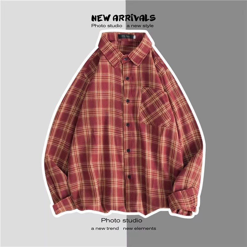 Hong Kong Style Plaid Shirt Mens and Womens Korean Style Fashionable Loose Teenagers Fashionable Brand Fried Street Popular Long Sleeve Shirt for Lovers Green
