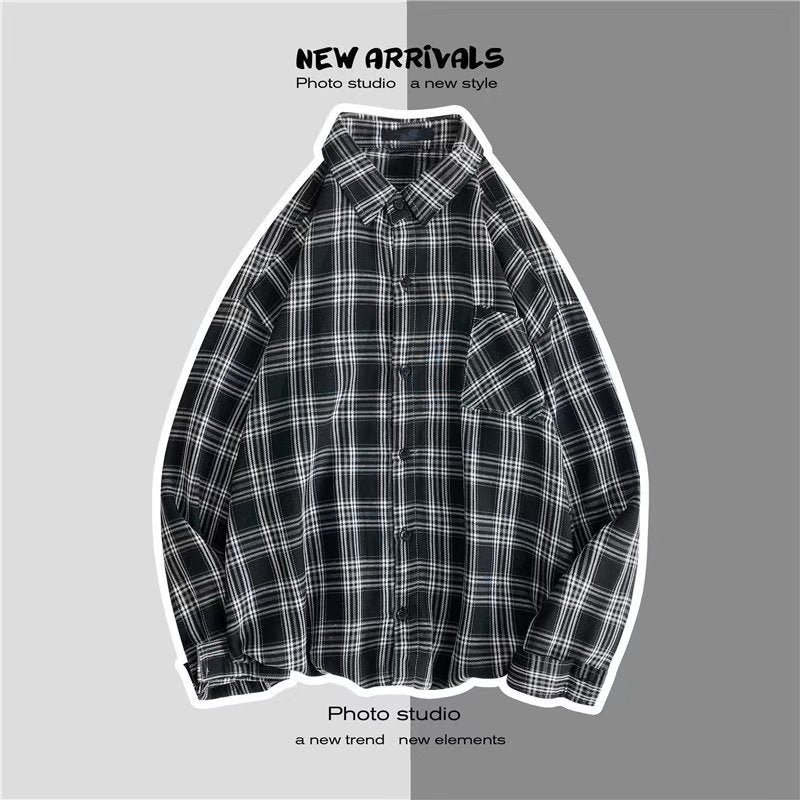 Hong Kong Style Plaid Shirt Mens and Womens Korean Style Fashionable Loose Teenagers Fashionable Brand Fried Street Popular Long Sleeve Shirt for Lovers Green