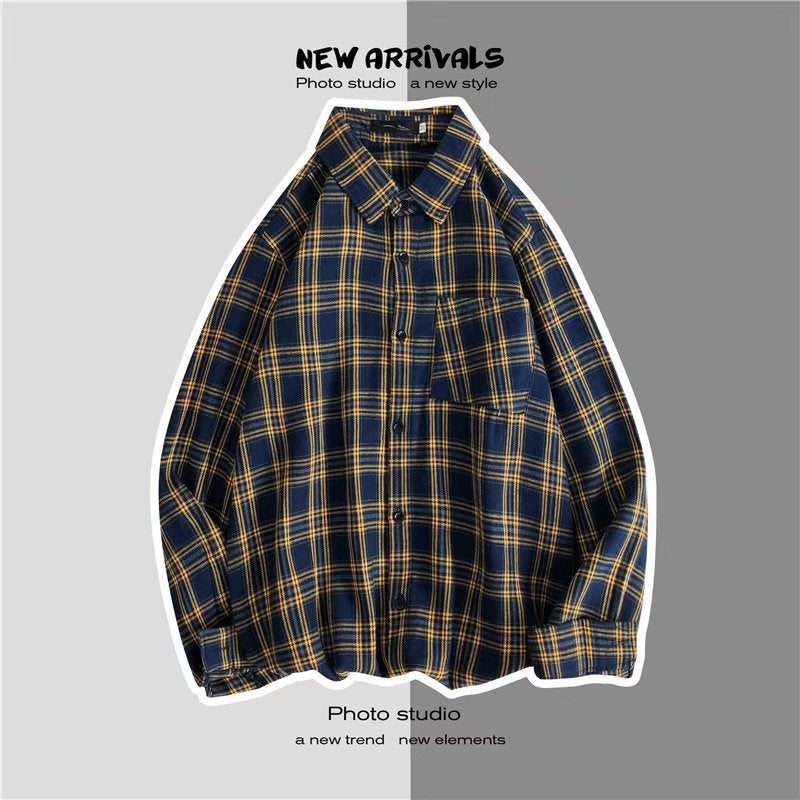 Hong Kong Style Plaid Shirt Mens and Womens Korean Style Fashionable Loose Teenagers Fashionable Brand Fried Street Popular Long Sleeve Shirt for Lovers Green