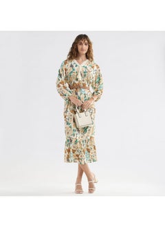 FAV Floral Print A-line Midi Dress with V-neck and Lace Detail  - Image 2