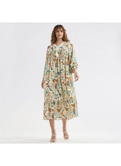 FAV Floral Print A-line Midi Dress with V-neck and Lace Detail  - Image 1