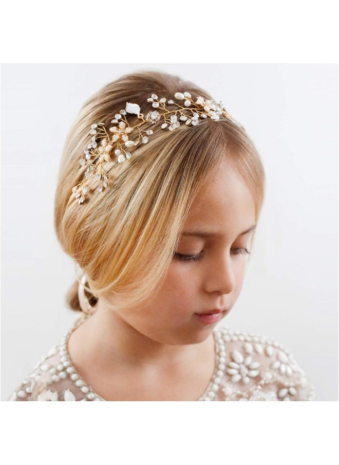 SWEETV SWEETV Flower Girl Headband for Wedding, Baby Girl Flower Pearl Hair Piece, Gold Headpiece for Birthday Party, Photography  - Image 1