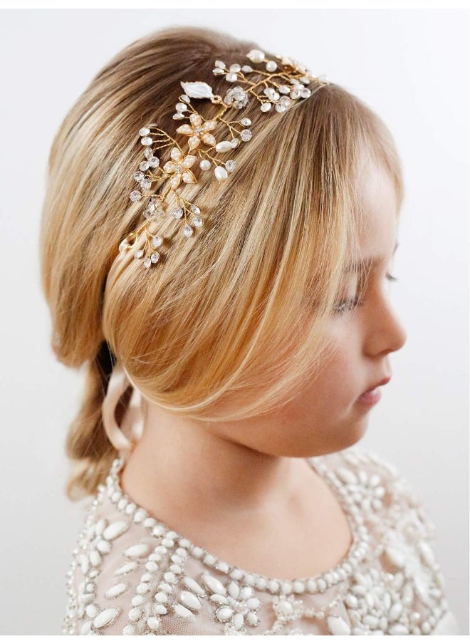 SWEETV SWEETV Flower Girl Headband for Wedding, Baby Girl Flower Pearl Hair Piece, Gold Headpiece for Birthday Party, Photography  - Image 2