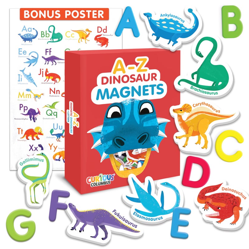 Curious Columbus Dinosaur Toddler Magnets for Refrigerator  Set of 52 Kids Fridge Magnets with 26 Magnetic Letters from AZ and 26 Magnetic Dinosaurs  Large Paper Dino Poster Included