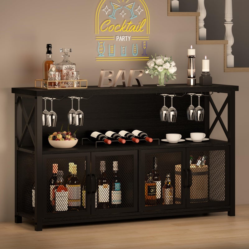 LVB Black Coffee Bar Cabinet Modern Liquor Cabinet for Liquor and Glasses Kitchen Sideboard Buffet Cabinet with Wine Rack Storage Farmhouse Wine Cabinet for Home Living Dining Room Black Oak 47 In