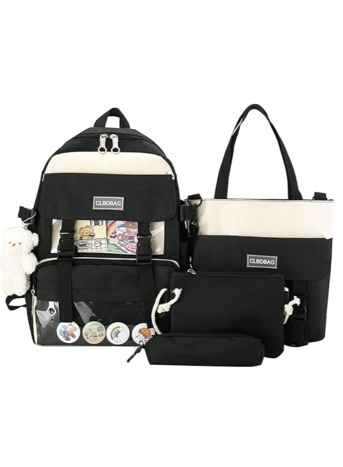 4pcs Backpack School Book Bag Set Kawaii Teddy Bear Pendant Canvas Combo Girl Student Tote - Image 1