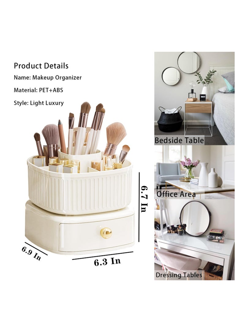 360° Rotating Makeup Brush Holder with Drawer - Vanity Organizer for Skincare and Makeup Storage - Elegant Ivory Cosmetic Organizer