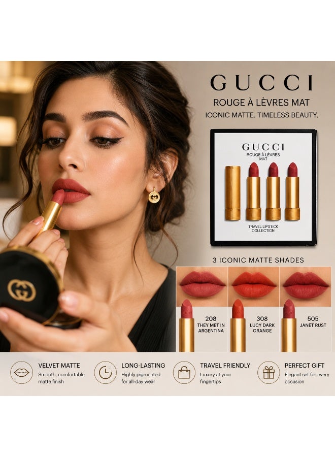 Gucci Rouge À Lèvres Mat Travel Lipstick Collection Gift Set | 3 Matte Lipsticks x 3.5g | Shades 208 They Met in Argentina, 308 Lucy Dark Orange & 505 Janet Rust | Long-Lasting Velvet Matte Finish - Image 2