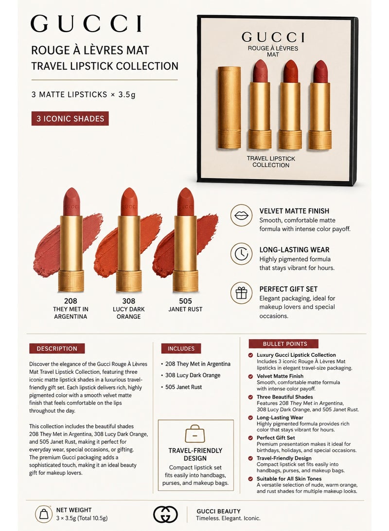 Gucci Rouge À Lèvres Mat Travel Lipstick Collection Gift Set | 3 Matte Lipsticks x 3.5g | Shades 208 They Met in Argentina, 308 Lucy Dark Orange & 505 Janet Rust | Long-Lasting Velvet Matte Finish - Image 4